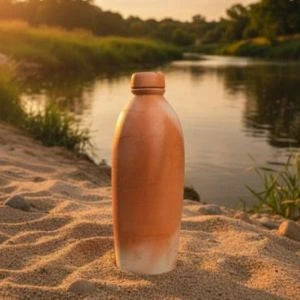 Bottle with a wooden cap on a stone surface near a river at sunset