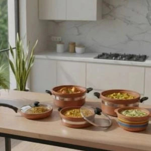 Set of ceramic bowls with food on a kitchen counter