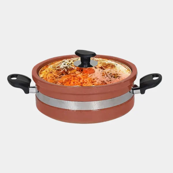 Flat glazed clay karahi cooking food