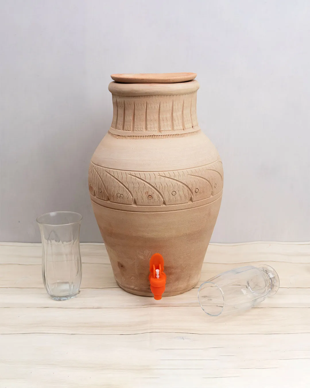 Clay Cooler 10L – Eco-friendly earthen water pot with tap and lid for natural cooling.